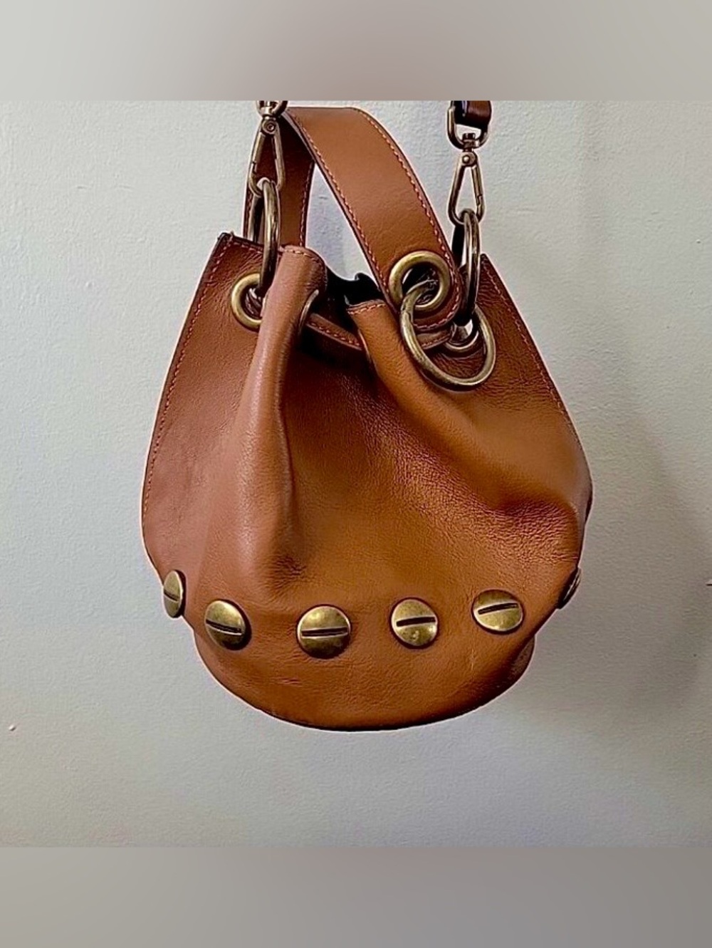 Brown Leather Drawstring Satchel Shoulder Bag - Picture 8 of 8
